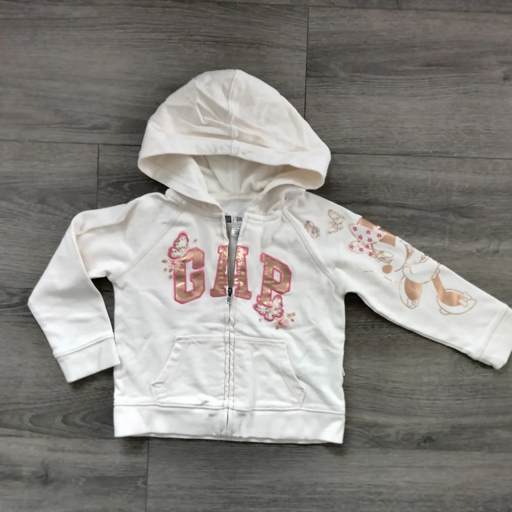 GAP Disney Minnie Mouse Ivory Rose Gold Metallic Hoodie Front Zip Jacket Size 3T